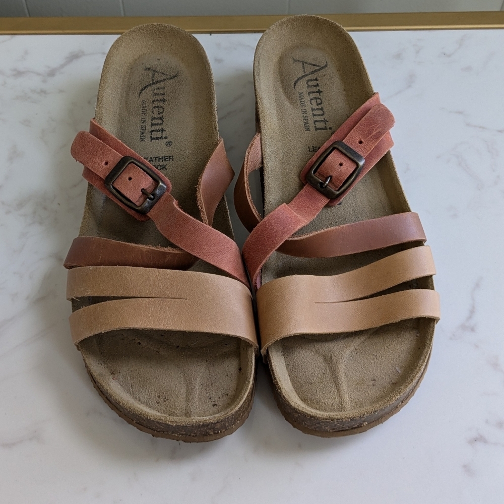 Autenti Leather Strap Footbed Sandals Slides Sz 38 US 7